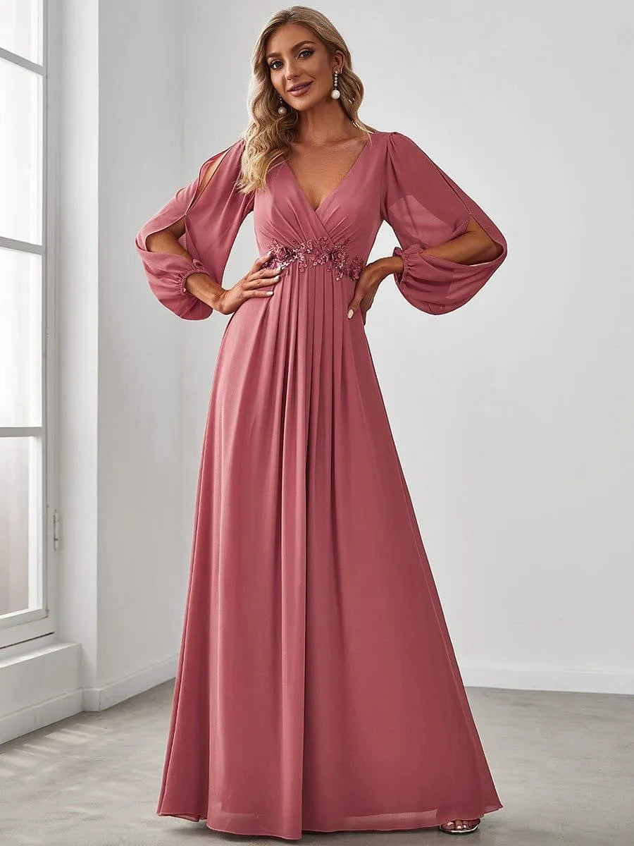 Women's Elegant Formal Maxi Wedding Guest Dress with V-Neck
