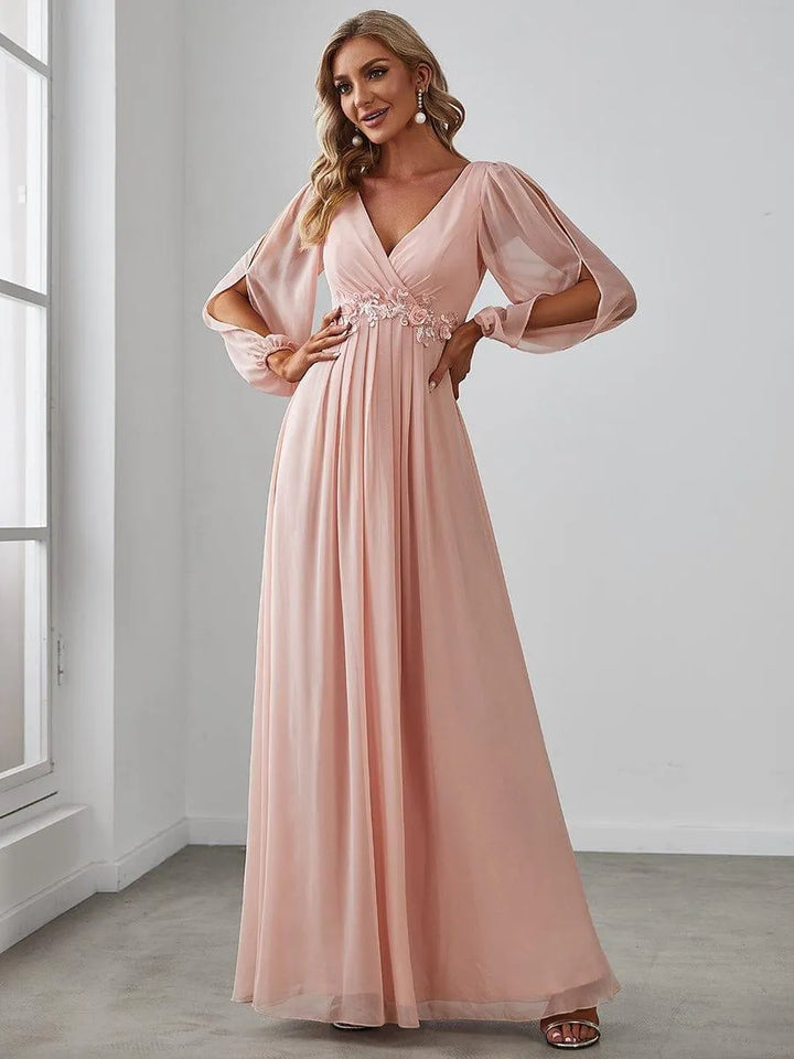 Women's Elegant Formal Maxi Wedding Guest Dress with V-Neck
