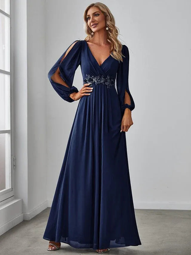 Women's Elegant Formal Maxi Wedding Guest Dress with V-Neck