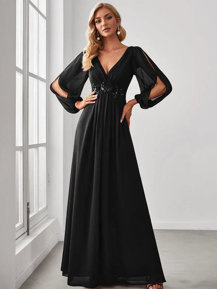 Women's Elegant Formal Maxi Wedding Guest Dress with V-Neck
