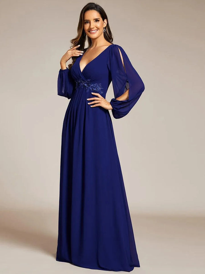 Women's Elegant Formal Maxi Wedding Guest Dress with V-Neck