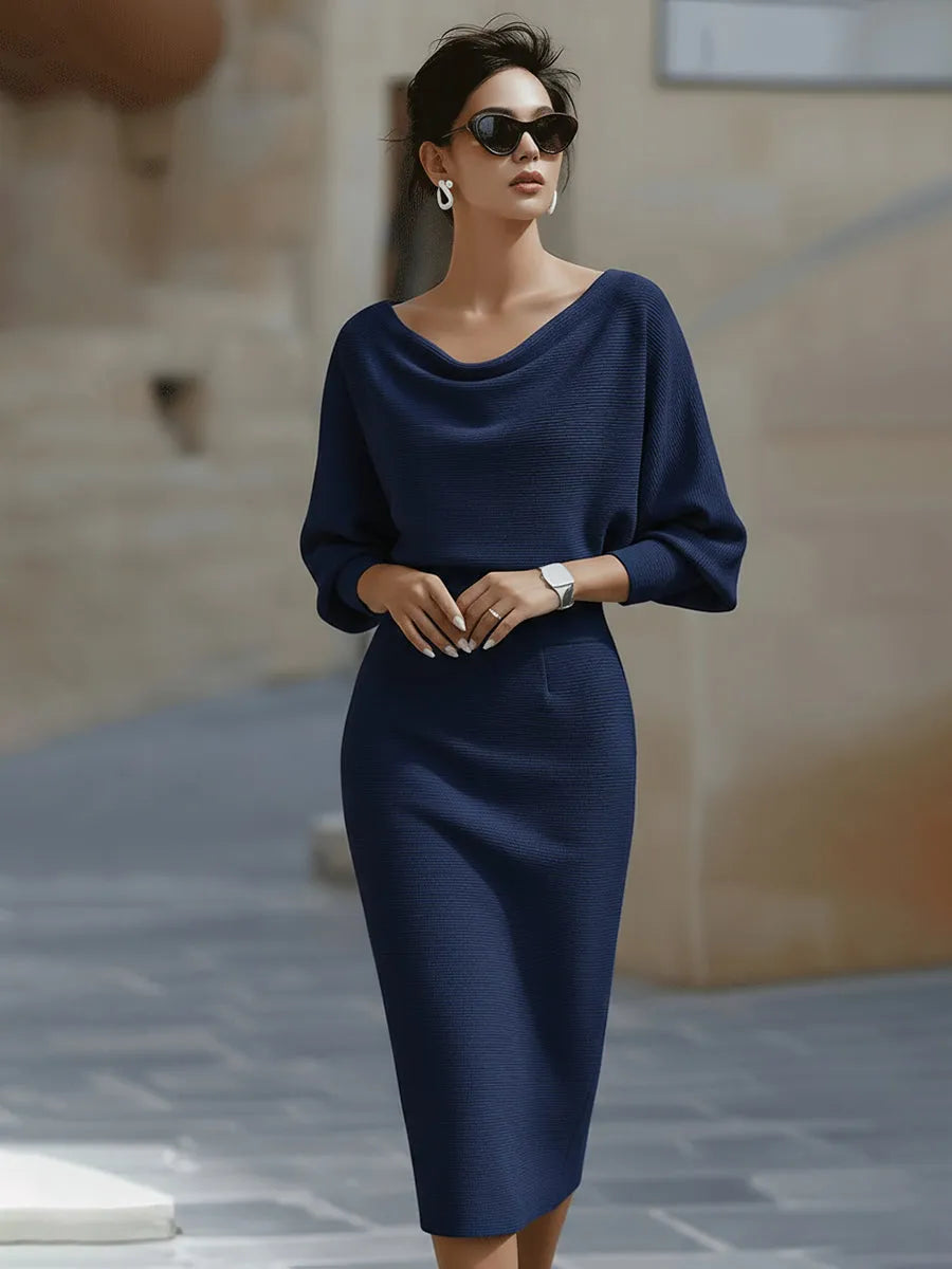 Women's Elegant Formal Midi Wedding Guest Dress with Boat Neck