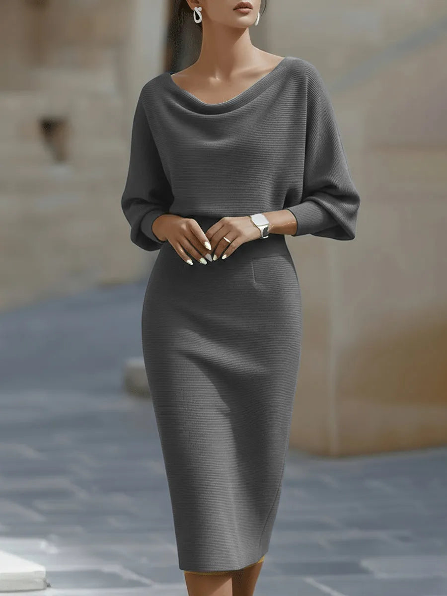 Women's Elegant Formal Midi Wedding Guest Dress with Boat Neck
