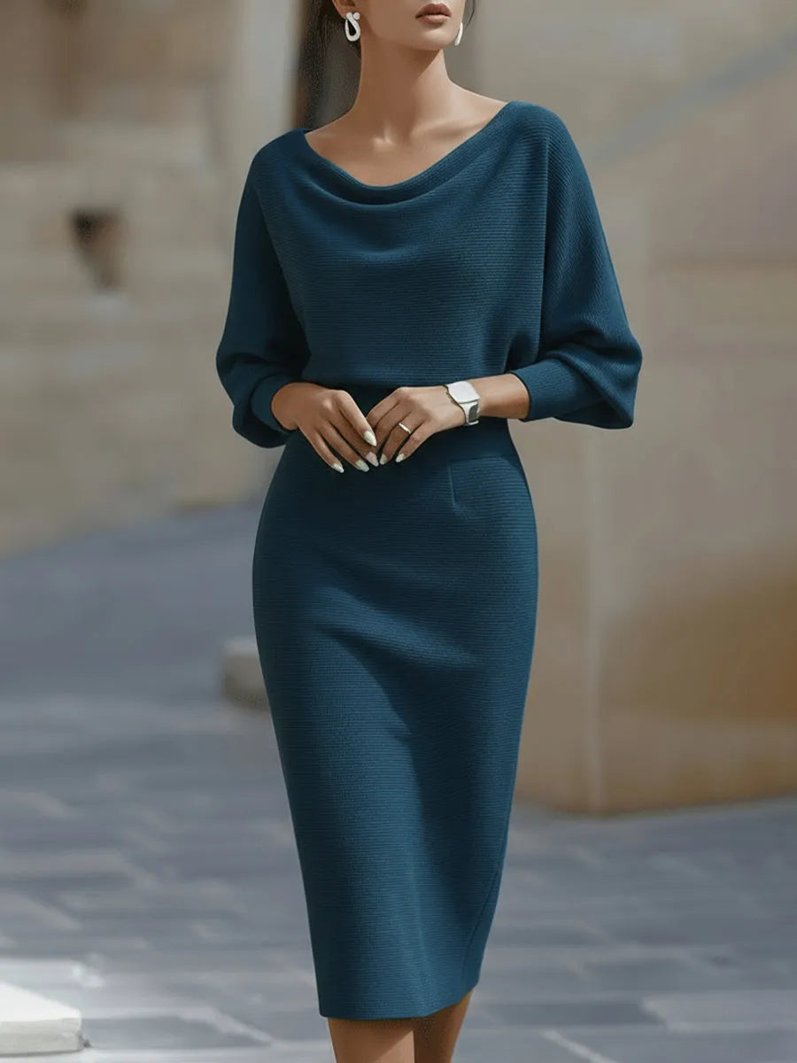 Women's Elegant Formal Midi Wedding Guest Dress with Boat Neck