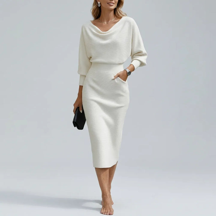 Women's Elegant Formal Midi Wedding Guest Dress with Boat Neck