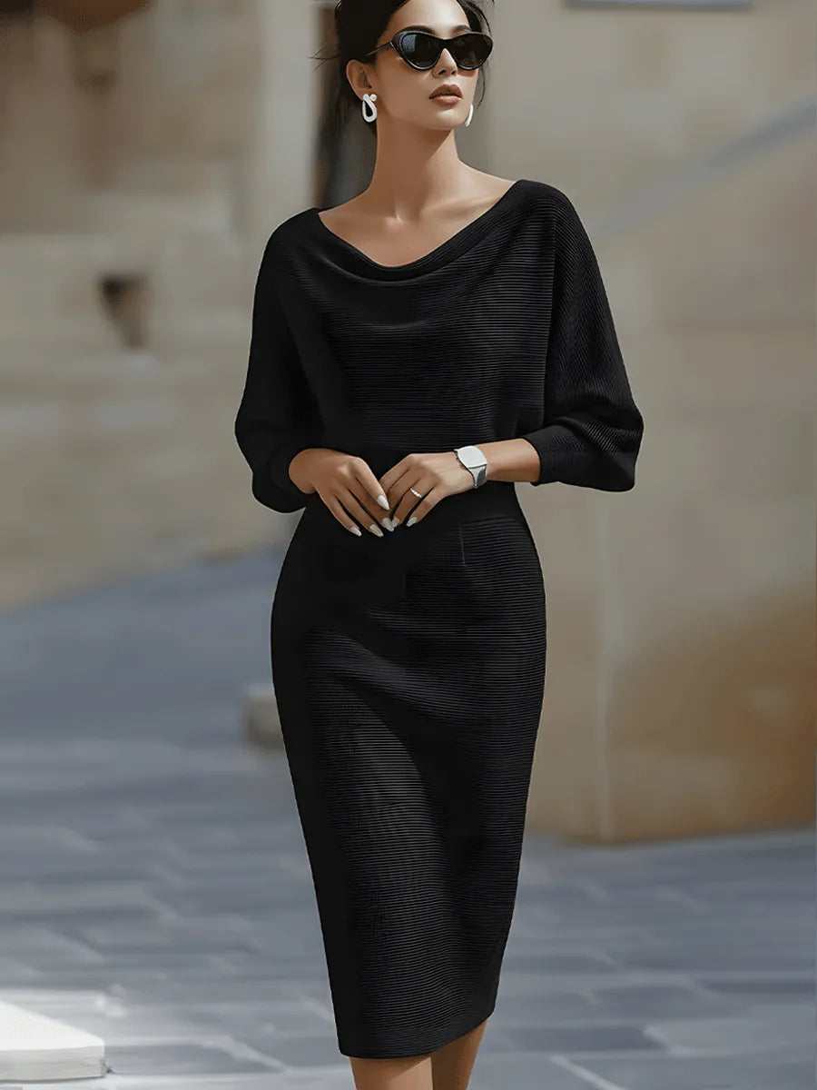Women's Elegant Formal Midi Wedding Guest Dress with Boat Neck