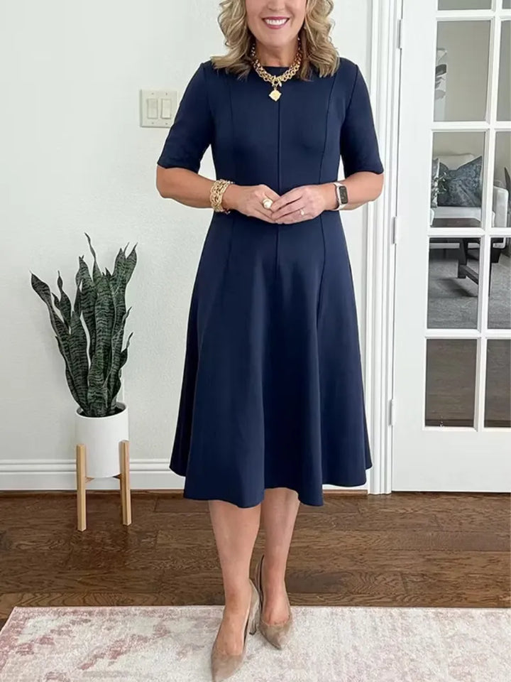 Women's Elegant Formal Midi Wedding Guest Dress with Crew Neckline