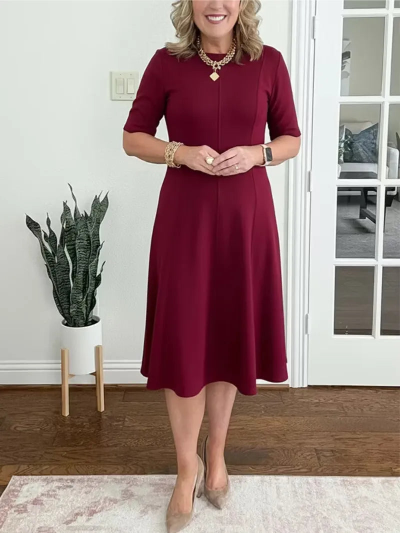 Women's Elegant Formal Midi Wedding Guest Dress with Crew Neckline