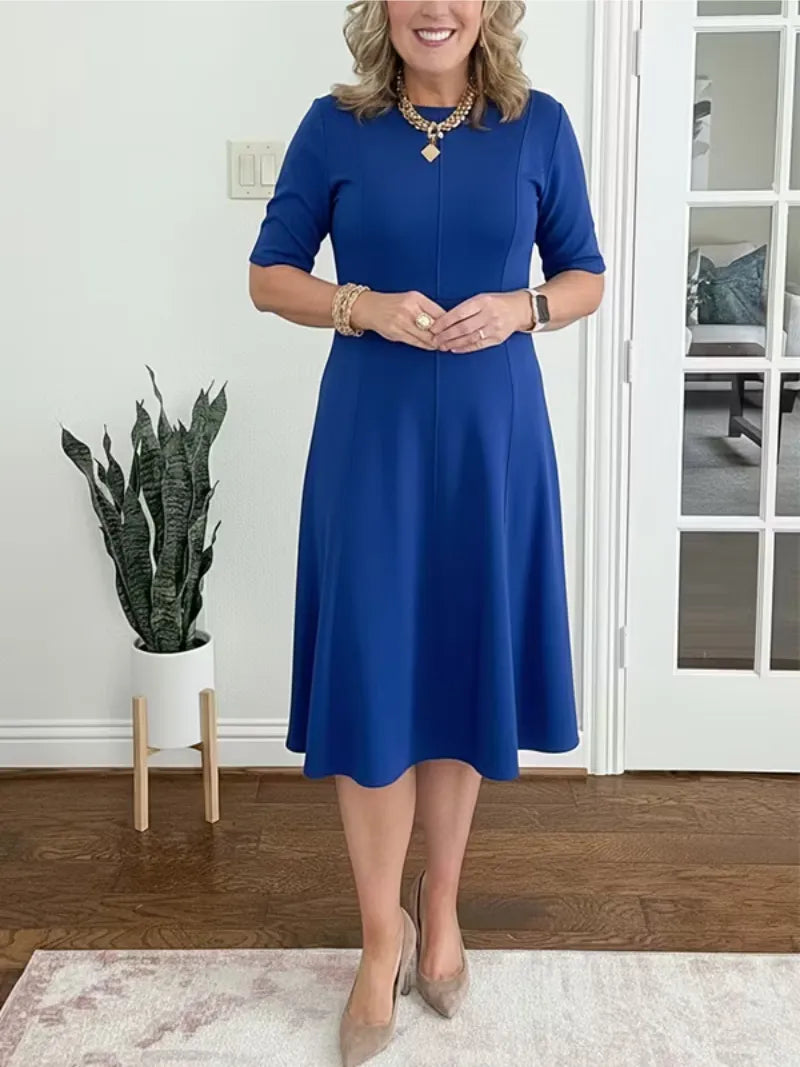 Women's Elegant Formal Midi Wedding Guest Dress with Crew Neckline