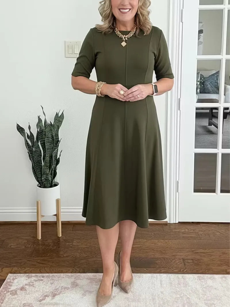 Women's Elegant Formal Midi Wedding Guest Dress with Crew Neckline