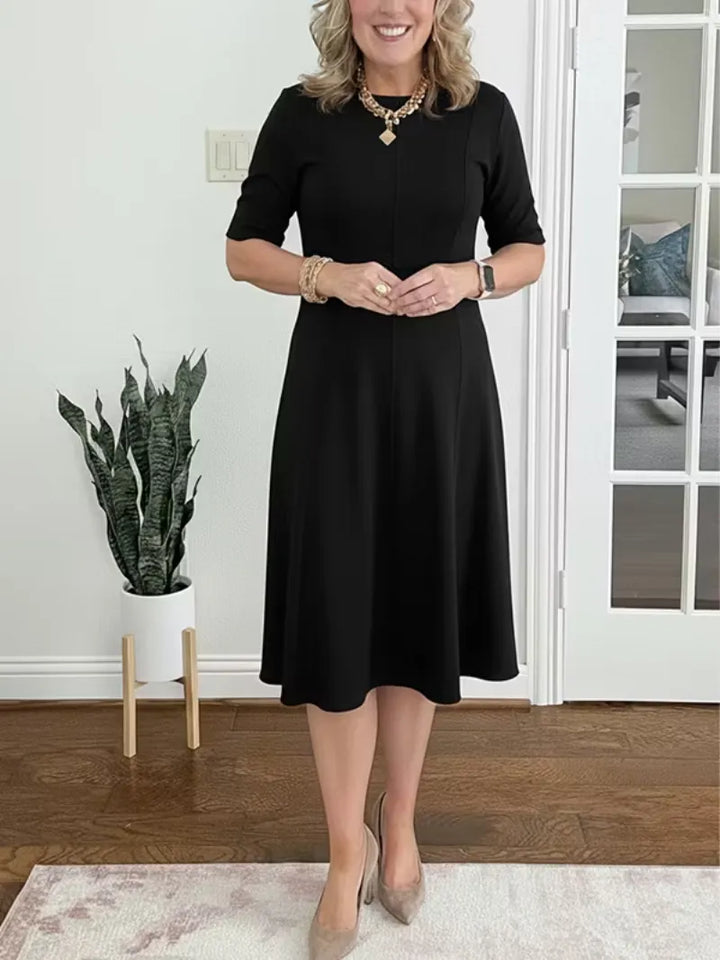 Women's Elegant Formal Midi Wedding Guest Dress with Crew Neckline