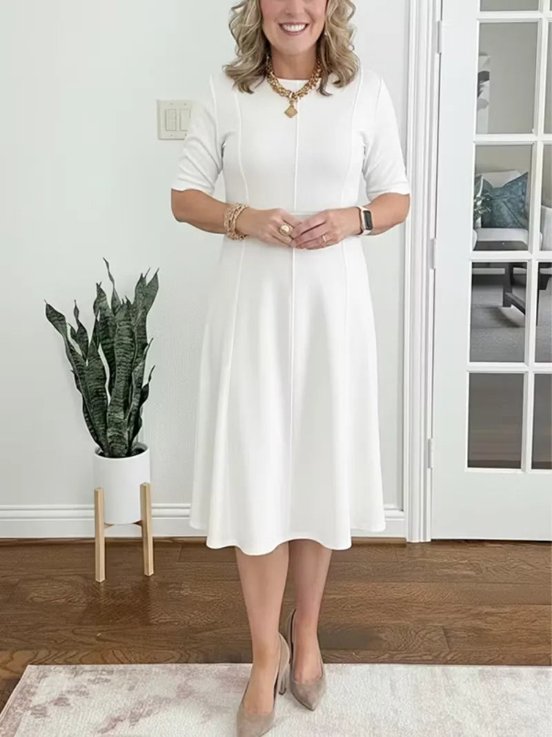 Women's Elegant Formal Midi Wedding Guest Dress with Crew Neckline