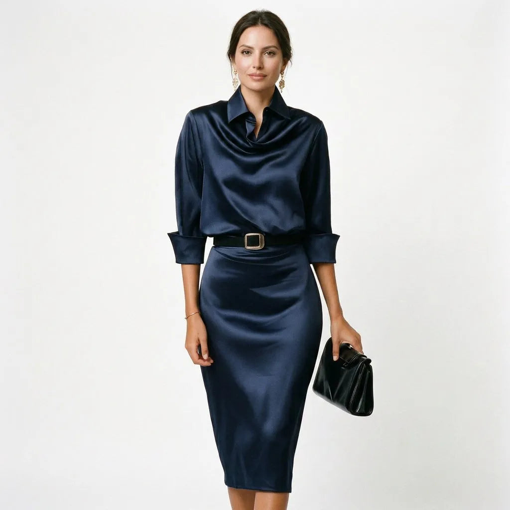 Women's Elegant Formal Midi Wedding Guest Dress with Draped Collar