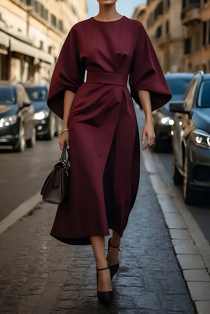 Women's Elegant Formal Midi Wedding Guest Dress with Lantern Sleeves