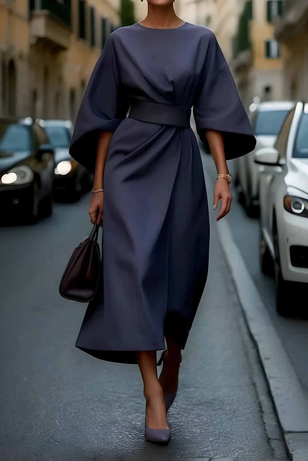 Women's Elegant Formal Midi Wedding Guest Dress with Lantern Sleeves