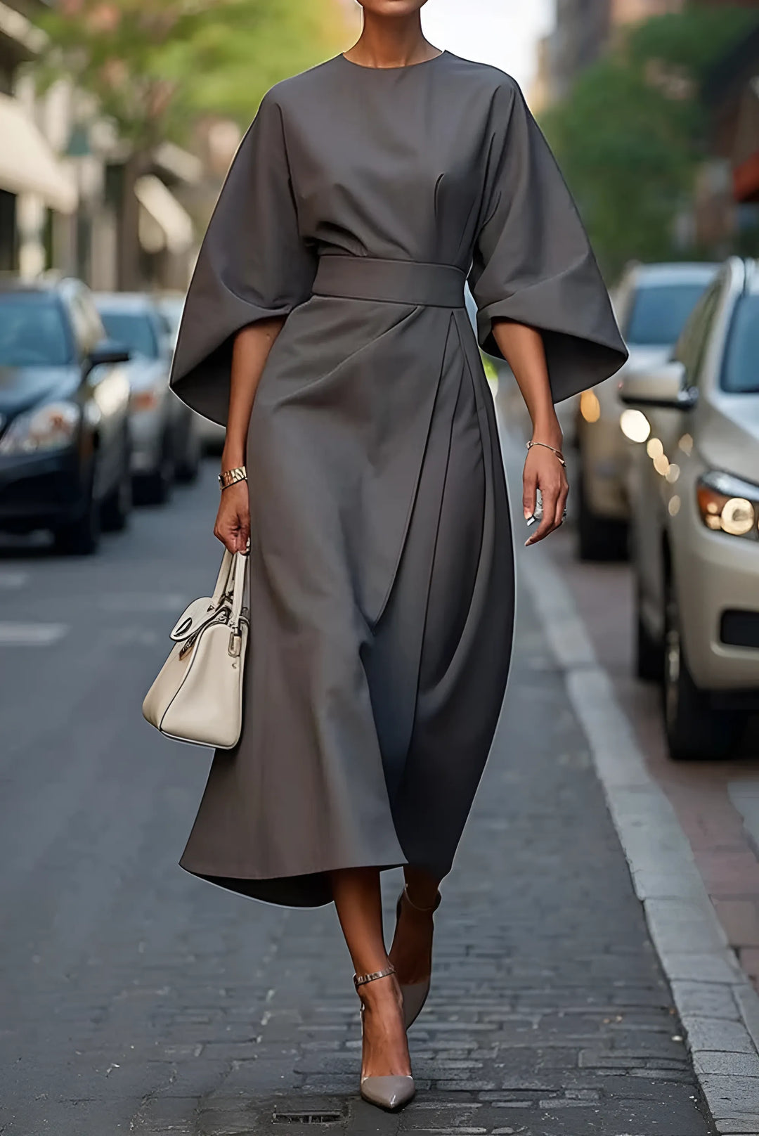 Women's Elegant Formal Midi Wedding Guest Dress with Lantern Sleeves