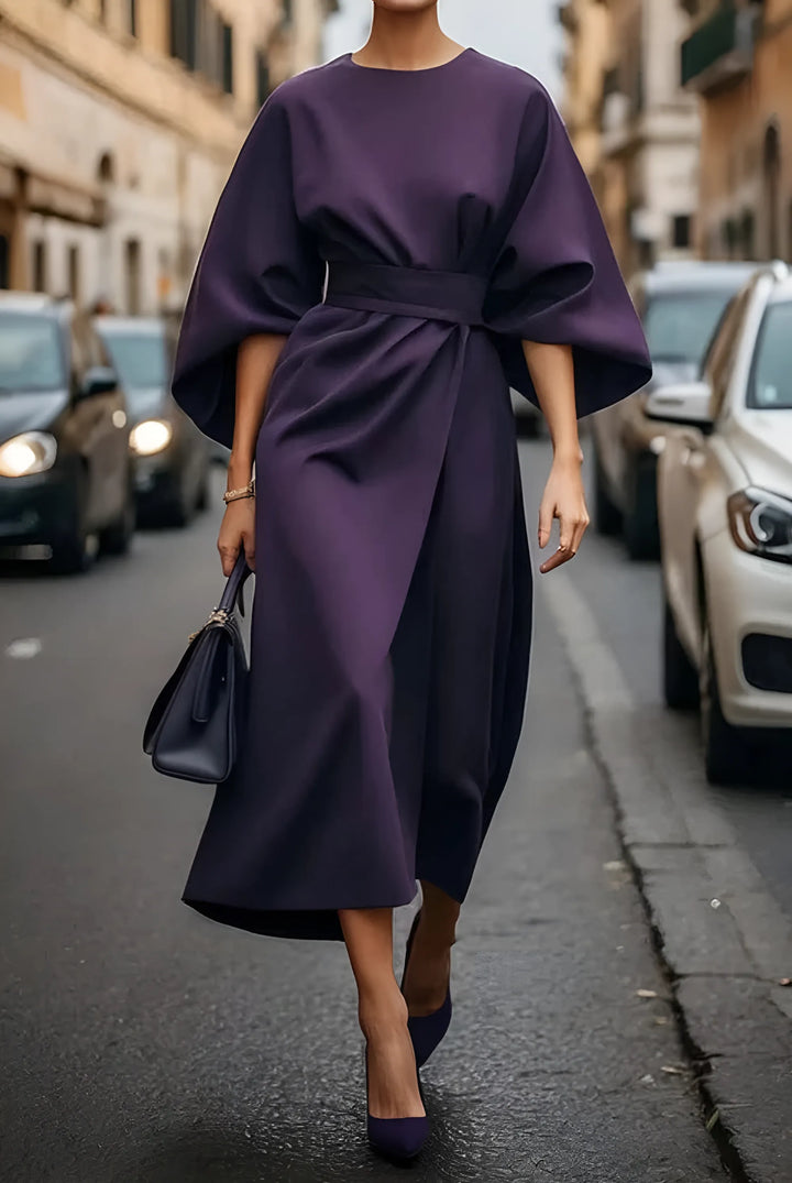 Women's Elegant Formal Midi Wedding Guest Dress with Lantern Sleeves