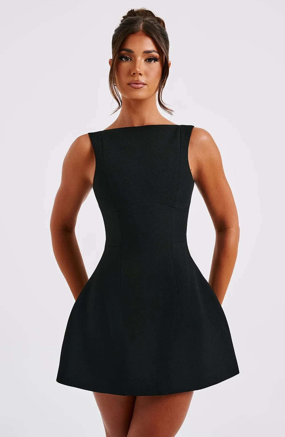 Women's Elegant Formal Mini Cocktail Dress with Boat Neck