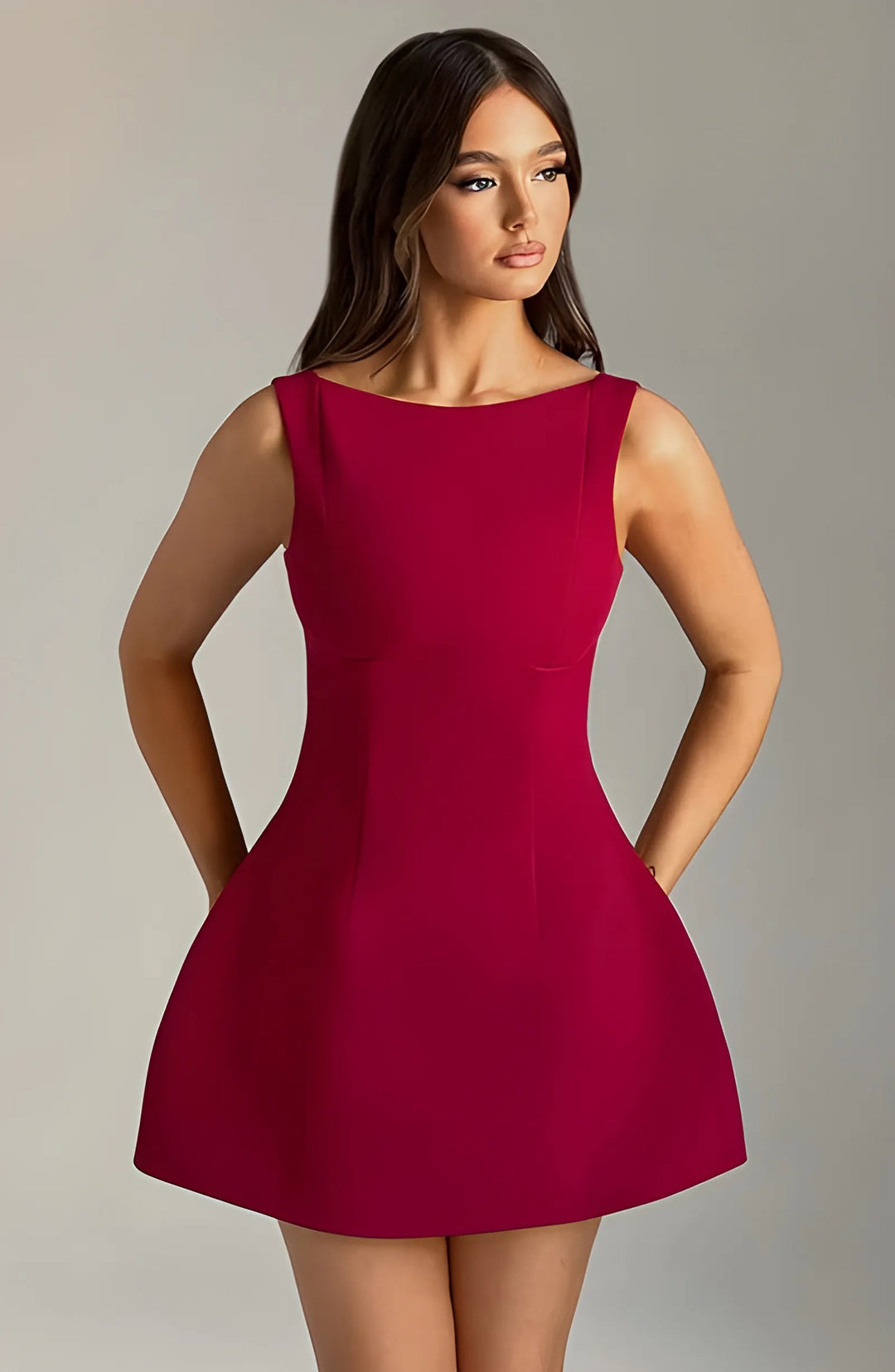 Women's Elegant Formal Mini Cocktail Dress with Boat Neck