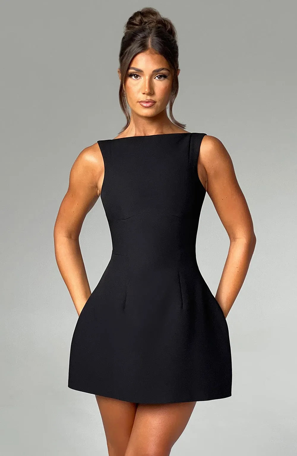 Women's Elegant Formal Mini Cocktail Dress with Boat Neck
