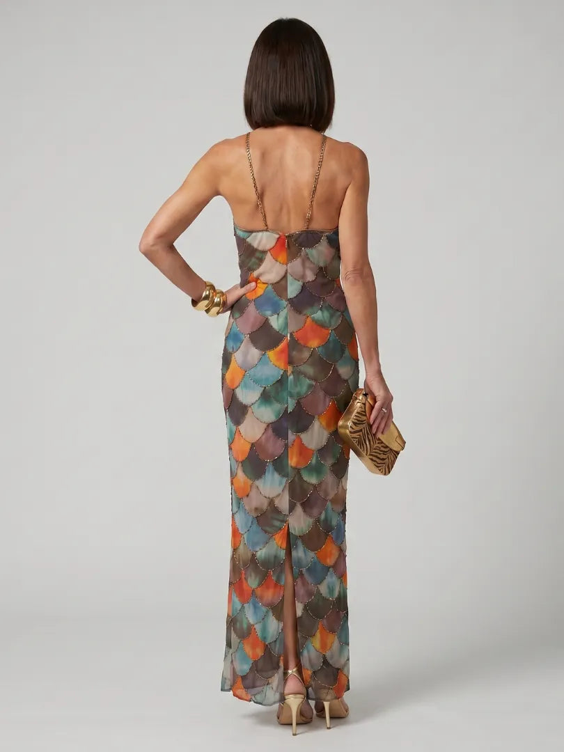 Women's Elegant Halter Maxi Wedding Guest Dress with Open Back