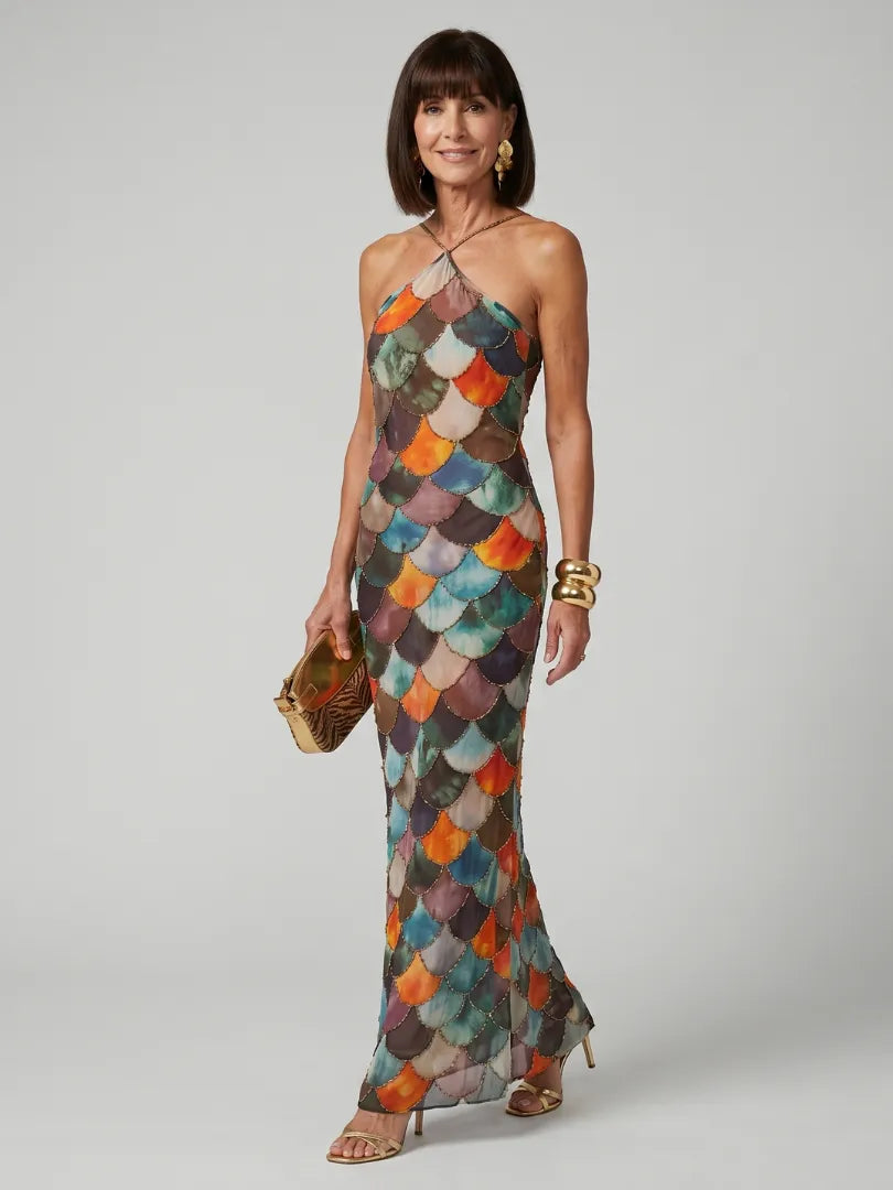 Women's Elegant Halter Maxi Wedding Guest Dress with Open Back
