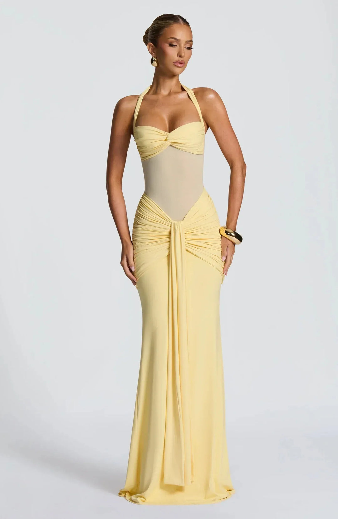Women's Elegant Halter Neck Maxi Wedding Guest Dress with Ruched Detail