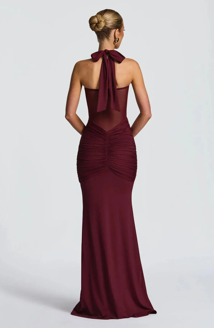 Women's Elegant Halter Neck Maxi Wedding Guest Dress with Ruched Detail