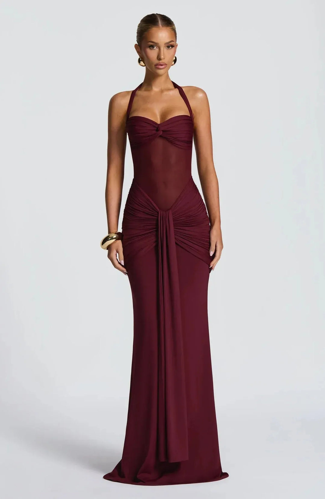 Women's Elegant Halter Neck Maxi Wedding Guest Dress with Ruched Detail
