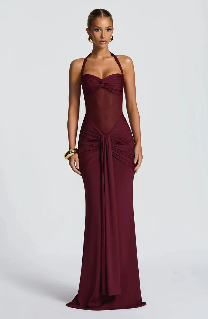 Women's Elegant Halter Neck Maxi Wedding Guest Dress with Ruched Detail