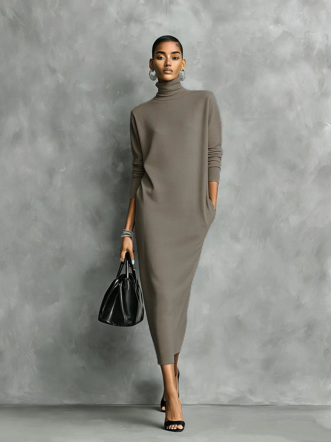 Women's Elegant High Neck Maxi Wedding Guest Dress with Long Sleeve