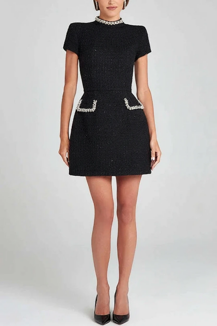 Women's Elegant High Neck Mini Cocktail Dress with Short Sleeves