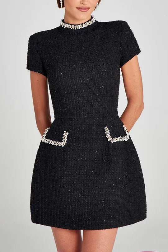 Women's Elegant High Neck Mini Cocktail Dress with Short Sleeves