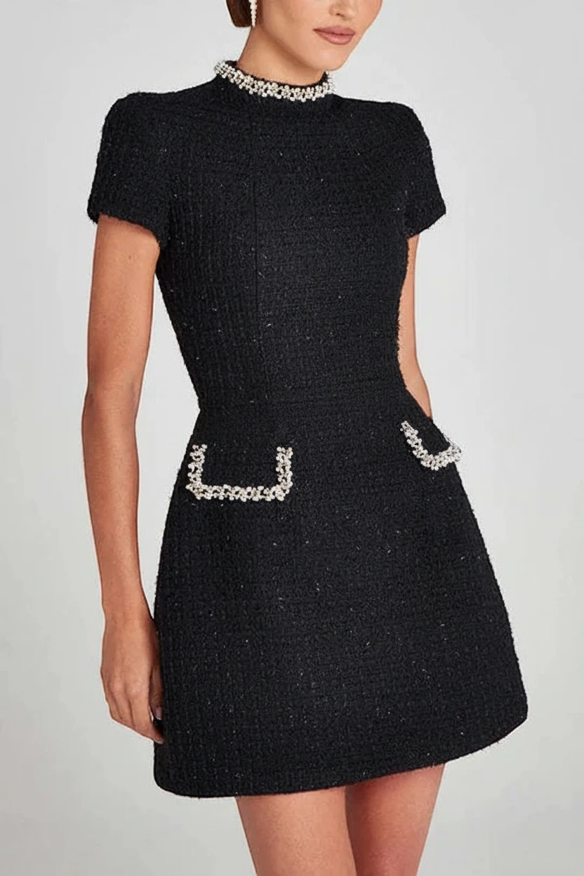 Women's Elegant High Neck Mini Cocktail Dress with Short Sleeves