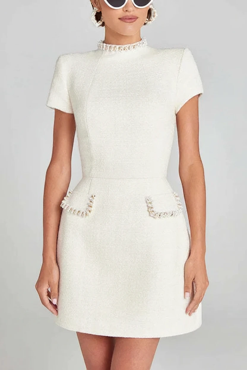 Women's Elegant High Neck Mini Cocktail Dress with Short Sleeves