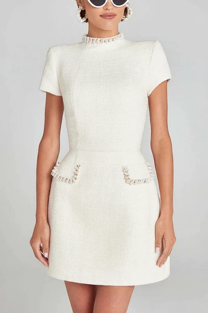 Women's Elegant High Neck Mini Cocktail Dress with Short Sleeves