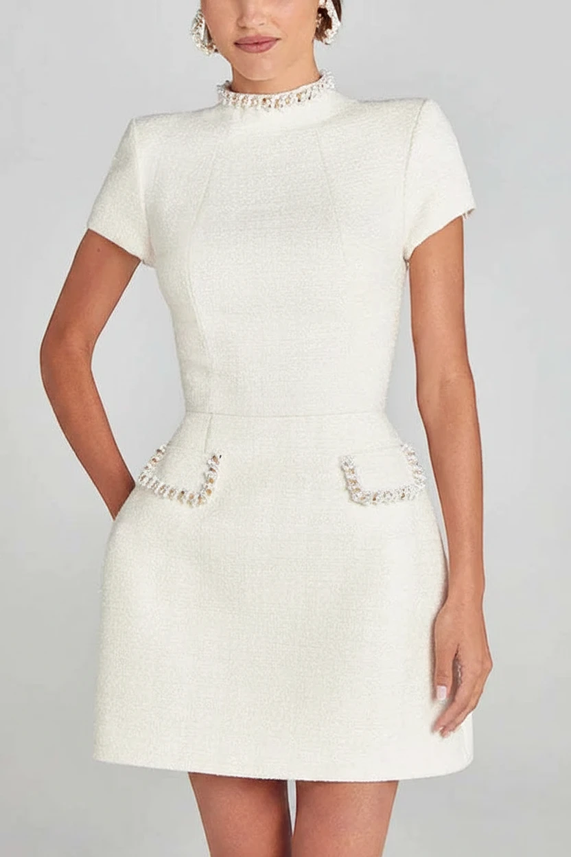 Women's Elegant High Neck Mini Cocktail Dress with Short Sleeves