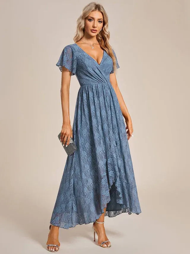 Women's Elegant Lace Midi Wedding Guest Dress with Flutter Sleeve