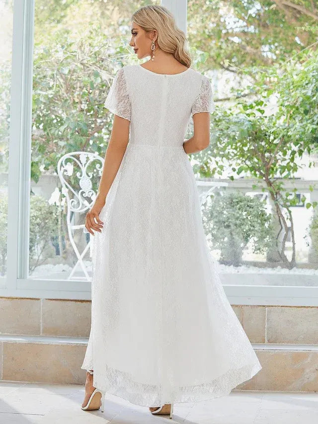 Women's Elegant Lace Midi Wedding Guest Dress with Flutter Sleeve