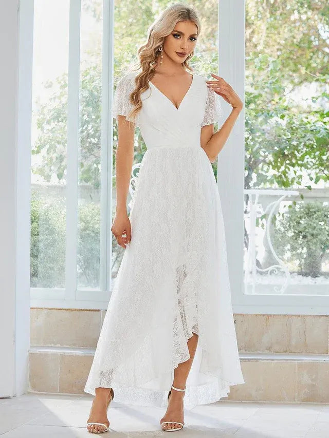 Women's Elegant Lace Midi Wedding Guest Dress with Flutter Sleeve