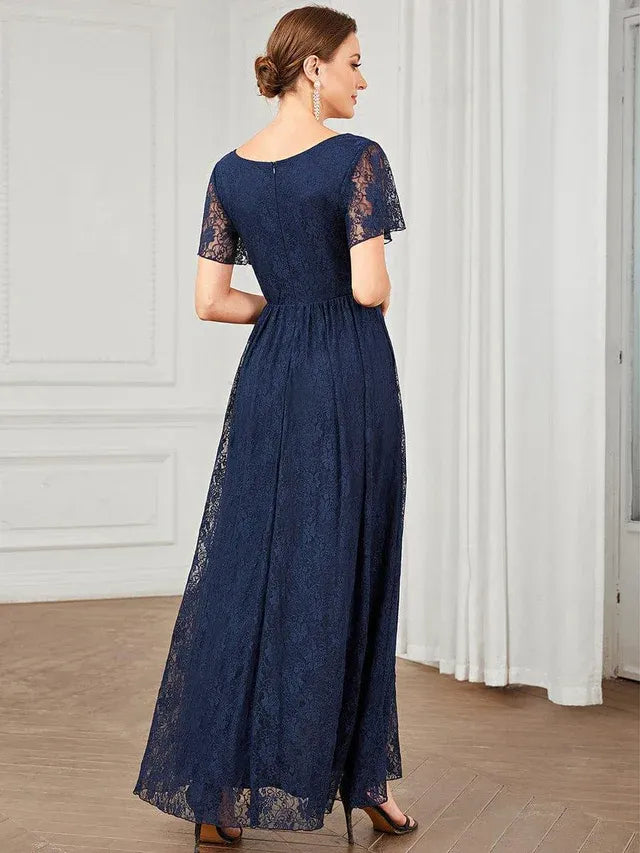 Women's Elegant Lace Midi Wedding Guest Dress with Flutter Sleeve