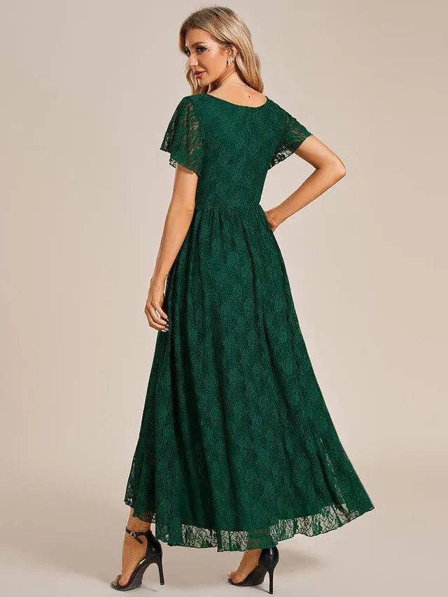 Women's Elegant Lace Midi Wedding Guest Dress with Flutter Sleeve