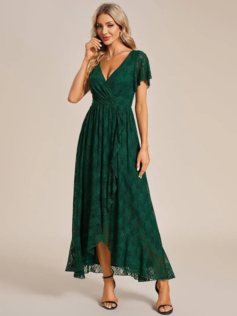 Women's Elegant Lace Midi Wedding Guest Dress with Flutter Sleeve