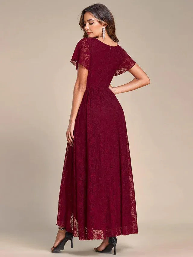 Women's Elegant Lace Midi Wedding Guest Dress with Flutter Sleeve