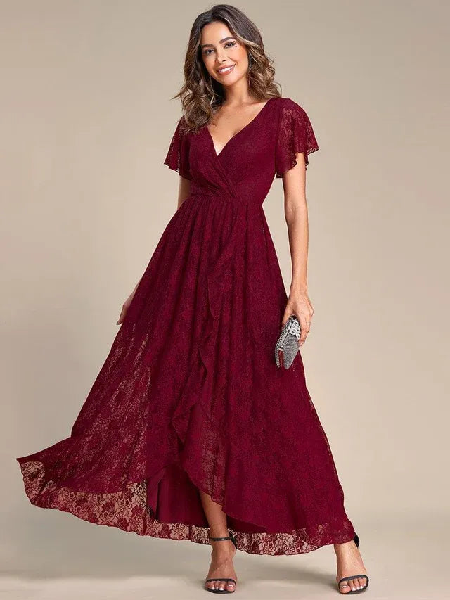 Women's Elegant Lace Midi Wedding Guest Dress with Flutter Sleeve