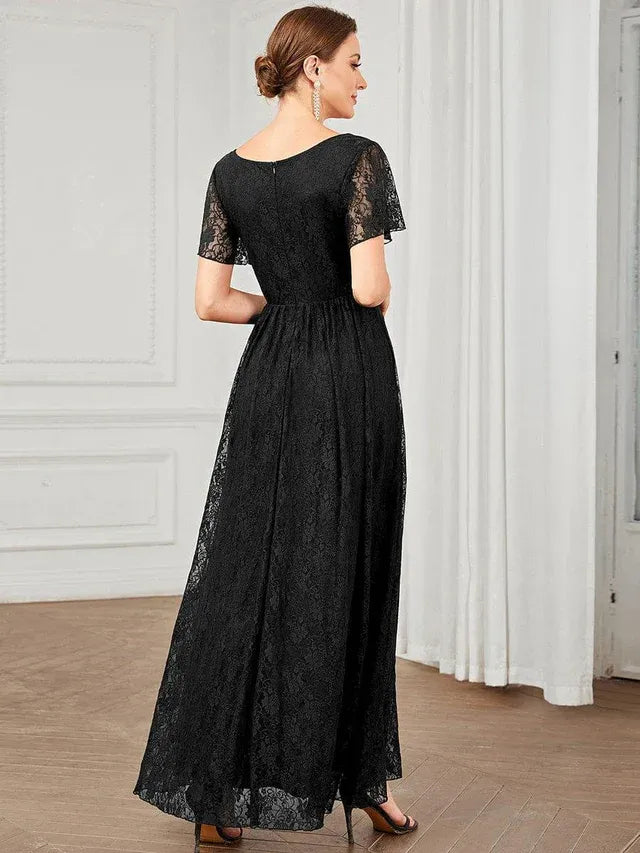 Women's Elegant Lace Midi Wedding Guest Dress with Flutter Sleeve