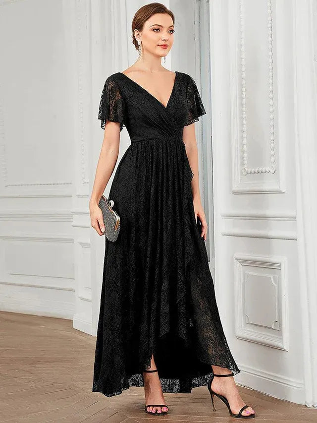 Women's Elegant Lace Midi Wedding Guest Dress with Flutter Sleeve