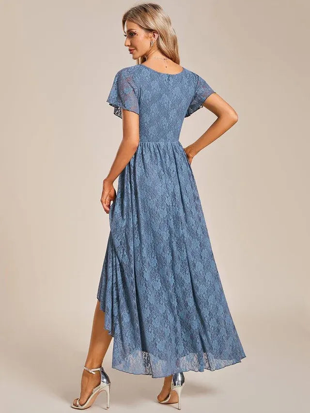 Women's Elegant Lace Midi Wedding Guest Dress with Flutter Sleeve