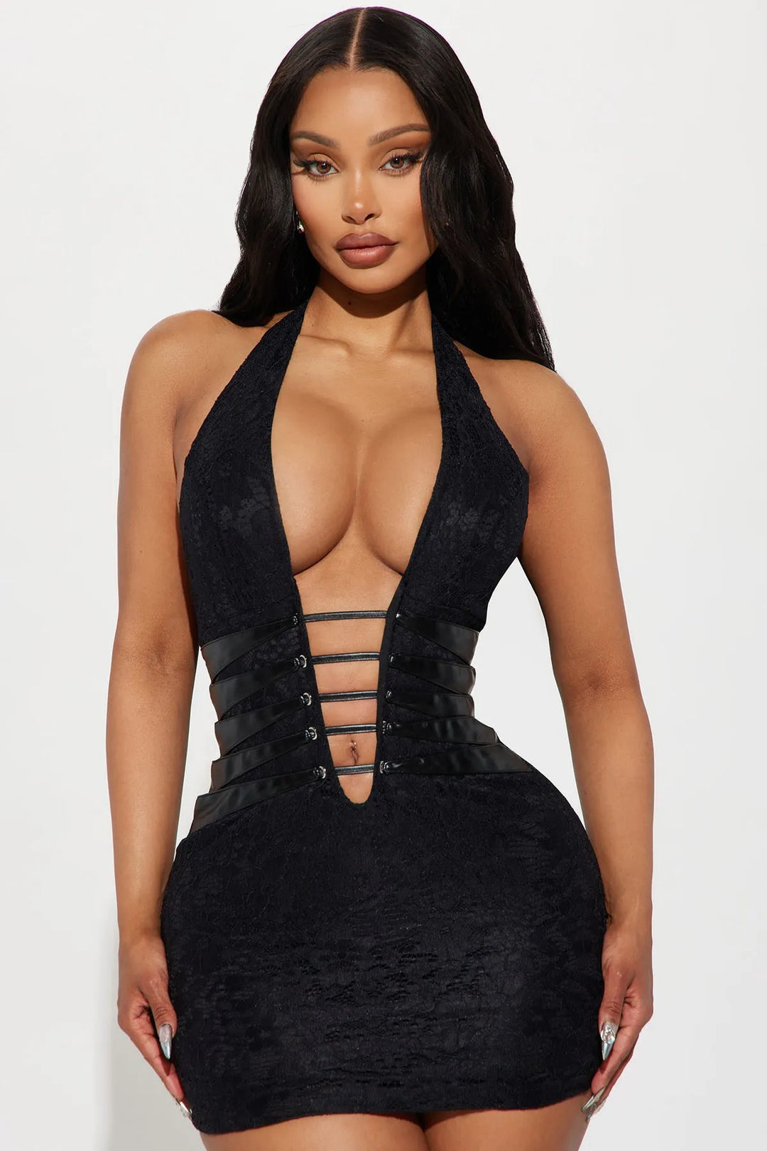 Women's Elegant Lace Mini Cocktail Dress with Halter V-Neck