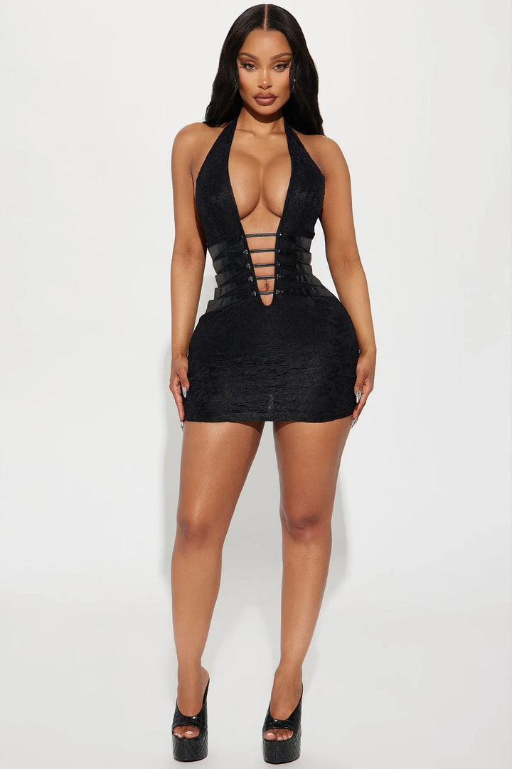 Women's Elegant Lace Mini Cocktail Dress with Halter V-Neck